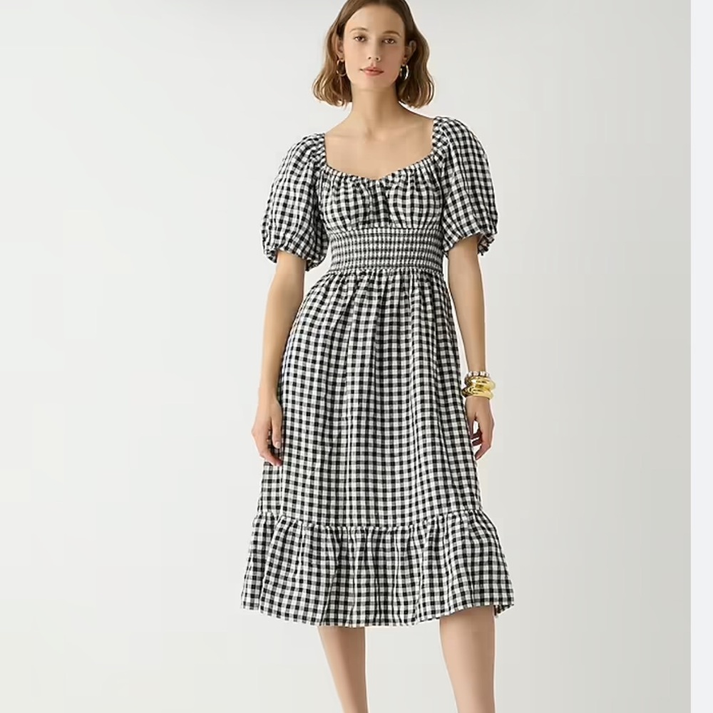 NWT J Crew Smocked-waist puff-sleeve midi dress in gingham linen